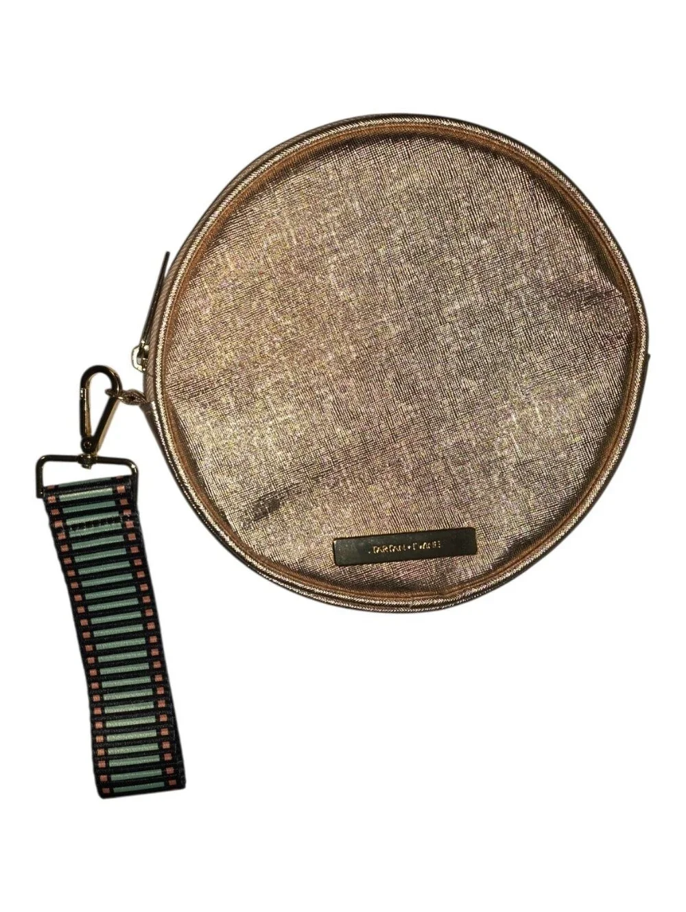 Tartan + Twine Metallic Rose Gold Round Crossbody Bag Striped Strap
